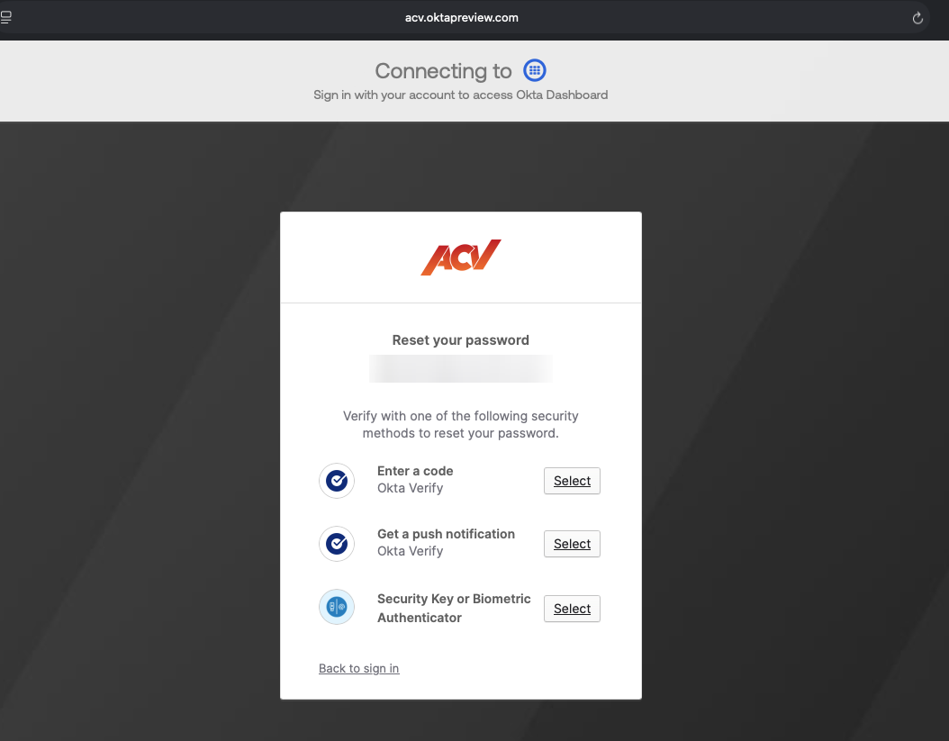 Okta password reset screen